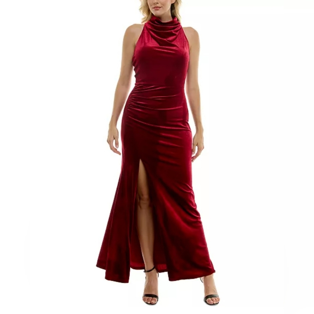 Taylor Velvet Halter Cowlneck Twistback Gown: Rum Red: Size- 10